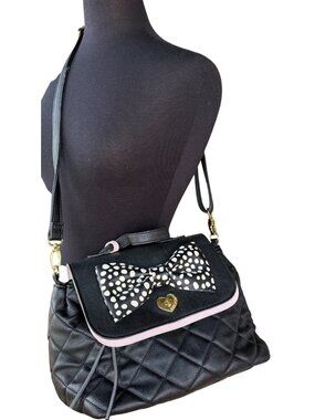 Betsey Johnson Black & White Polka Dots w/Pink Lining Shoulder Bag Purse